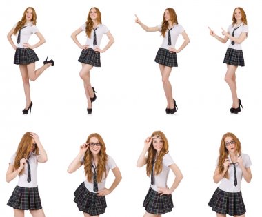 Genç öğrenci kadın gösteren beyaz izole