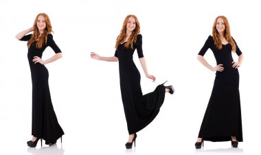 siyah elbise üzerine beyaz izole redhead