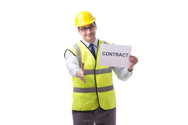 Kierownik budowy z kontraktem odizolowanym na białym tle — Zdjęcie stockowe