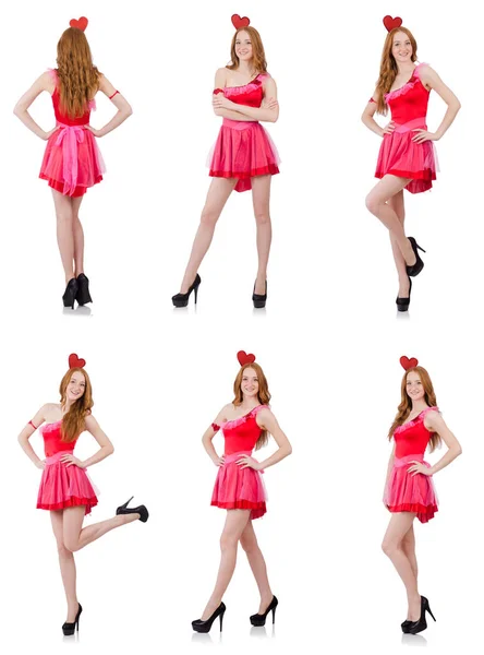 Vrij jong model in mini roze jurk geïsoleerd op wit — Stockfoto