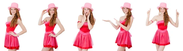 Pretty young wizard in mini pink dress isolated on white — Stock Photo, Image