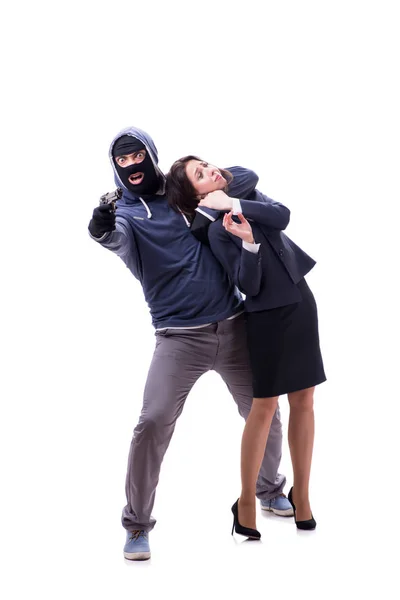 Businesswoman is kidnapped by the gunman — Stock Photo, Image