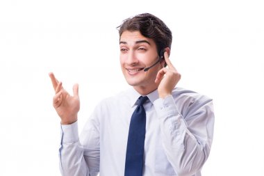 Kulaklıklı adam beyaz arkaplanda izole edilmiş.