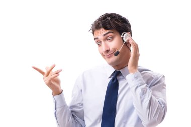 Kulaklıklı adam beyaz arkaplanda izole edilmiş.