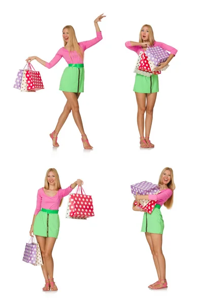 Woman with shopping bags isolated on white — Stock Photo, Image