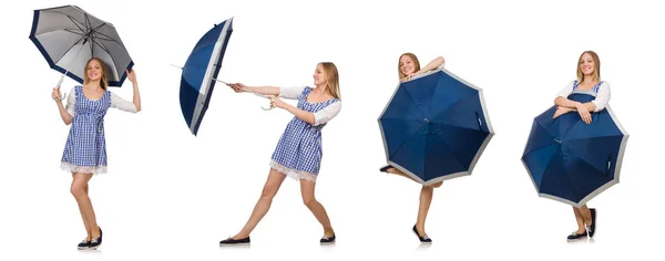 Woman with umbrella isolated on white — Stock Photo, Image