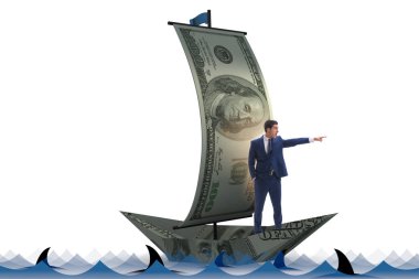 Ticari mali konseptte dolar teknesinde kürek çeken bir işadamı