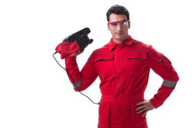 Genç işçi kemer sander zımpara WHI üzerinde izole güç aracı ile