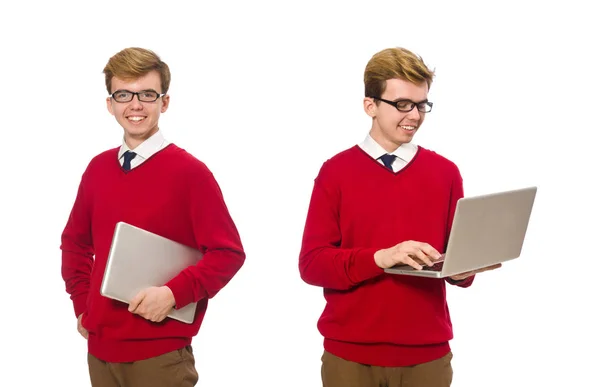 Studente utilizzando computer portatile isolato su bianco — Foto Stock