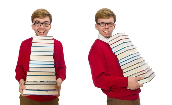 Estudiante divertido con libros aislados en blanco — Foto de Stock