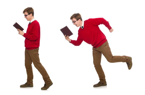 Студент університету з книгою ізольовано на білому — стокове фото