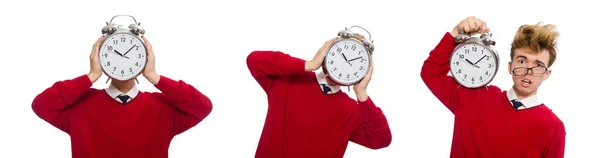 Estudiante con reloj despertador aislado en blanco — Foto de Stock