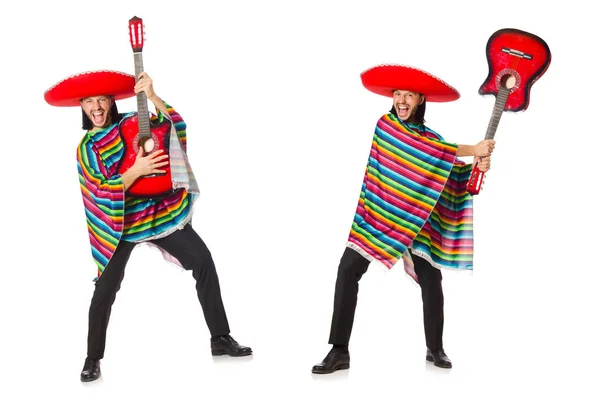 Mexikanska i levande poncho holding gitarr isolerad på vit — Stockfoto