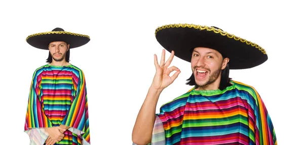 Bonito homem em poncho vívido isolado em branco — Fotografia de Stock