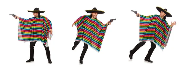 Knappe man in levendig poncho met pistool geïsoleerd op wit — Stockfoto