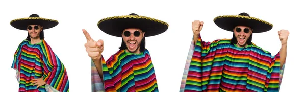 Bonito homem em poncho vívido isolado em branco — Fotografia de Stock