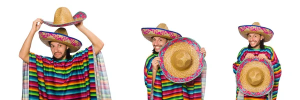 Bonito homem em poncho vívido isolado em branco — Fotografia de Stock