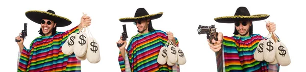 흰색에 고립 된 총과 돈주머니를 들고 있는 멕시코 사람 — 스톡 사진