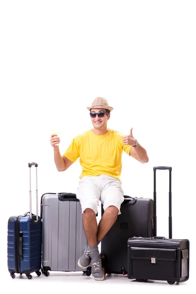 Šťastný mladý muž jede na letní dovolenou izolované na bílém — Stock fotografie