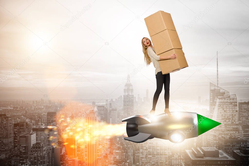 Woman in fast box delivery service on rocket