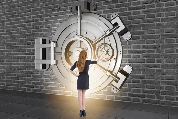 Businessman in front of banking vault door — Stock Photo, Image