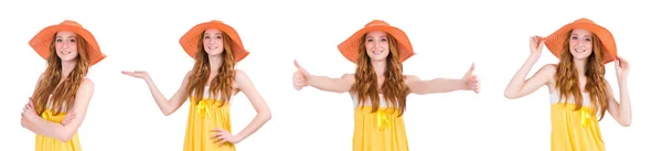 Fiatal nő elszigetelt fehér sárga nyári ruha — Stock Fotó