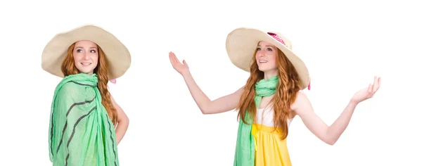 Young woman in yellow summer dress isolated on white — Stock Photo, Image