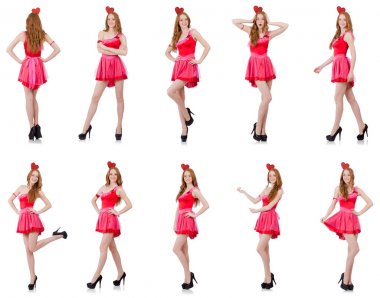 Mini pembe elbiseli, beyaz tenli güzel bir manken.