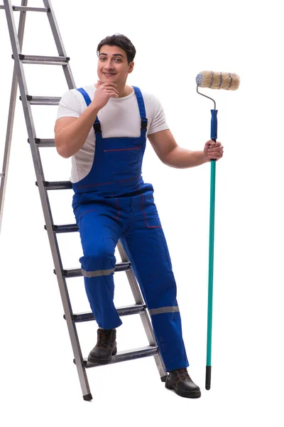 Jovem pintor contratado isolado no fundo branco — Fotografia de Stock