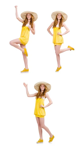 Mujer joven en vestido de verano amarillo aislado en blanco —  Fotos de Stock