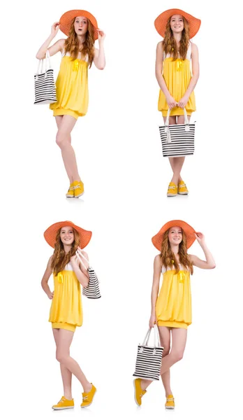Jonge vrouw in gele zomerjurk geïsoleerd op wit — Stockfoto