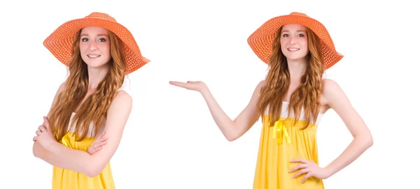 Mujer joven en vestido de verano amarillo aislado en blanco —  Fotos de Stock