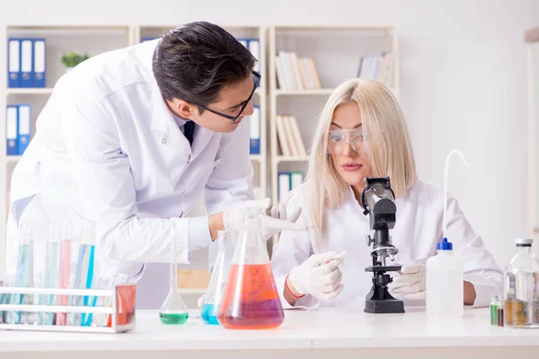 Dva chemici diskutují v laboratoři — Stock fotografie