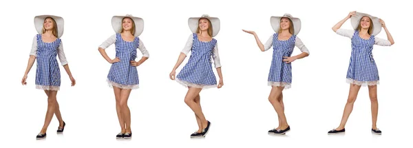 Mujer sonriente en vestido simple a cuadros y sombrero aislado en el blanco —  Fotos de Stock