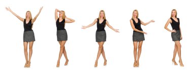 Sarı saçlı, gri etekli, beyaz tenli.