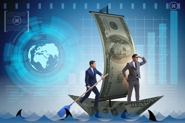 Businessman rowing on dollar boat in business financial concept — Stock Photo, Image