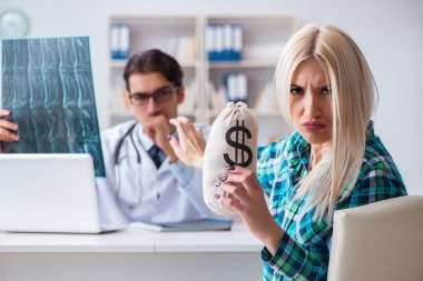 Pahalı sağlık sigortası kavramı. Kadın, erkek doktoru ziyaret ediyor.