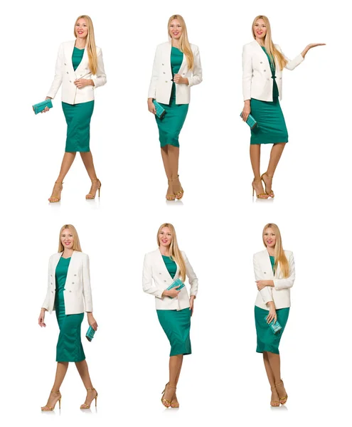 Mujer bastante joven en vestido verde aislado en blanco —  Fotos de Stock