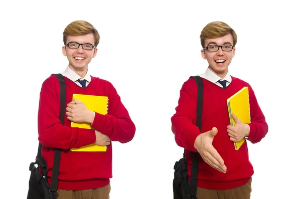 Student mit Tasche und Papier isoliert auf weiß — Stockfoto