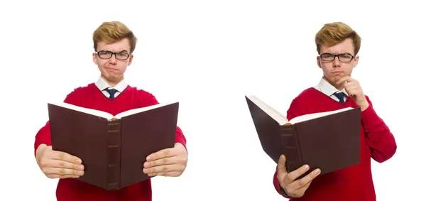 Студент університету з книгою ізольовано на білому — стокове фото
