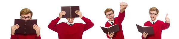 Estudante universitário com livro isolado em branco — Fotografia de Stock