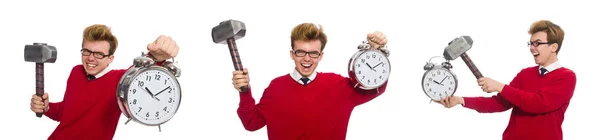 Student with alarm clock isolated on white — Stock Photo, Image