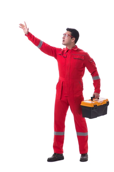 Trabajador contratista en mono rojo con caja de herramientas aislada en whit —  Fotos de Stock