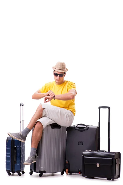 Feliz joven que va de vacaciones de verano aislado en blanco — Foto de Stock