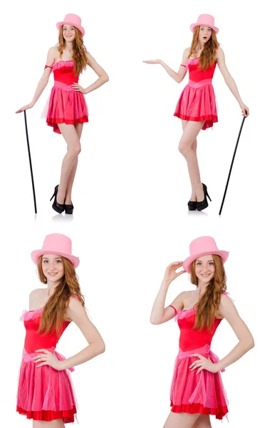 Hübsche junge Zauberin in rosa Minikleid isoliert auf weiß — Stockfoto