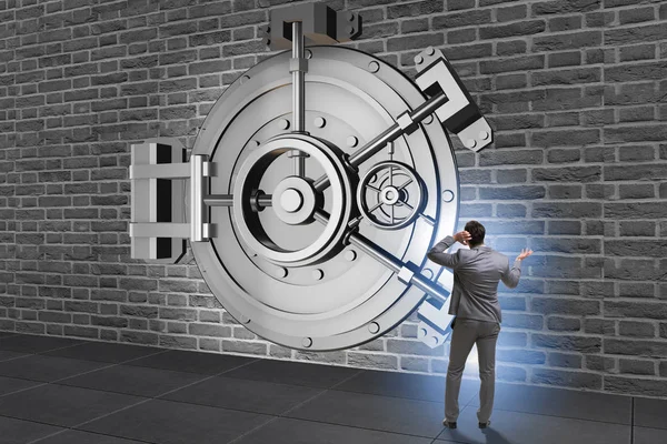 Geschäftsmann besorgt über Diebstahl an Banktresortür — Stockbild Geschäftsmann besorgt über Diebstahl an Banktresortür — Stockfoto