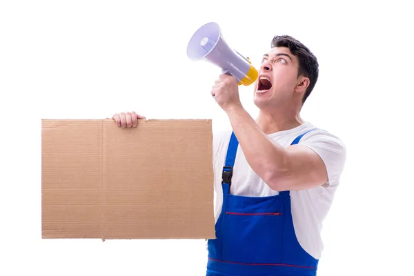 Boos bouw toezichthouder schreeuwen met luidspreker — Stockfoto