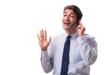 Kulaklıklı adam beyaz arkaplanda izole edilmiş.