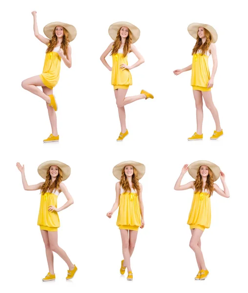 Jovem mulher em vestido de verão amarelo isolado no branco — Fotografia de Stock