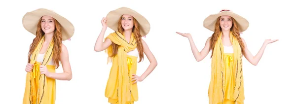 Νεαρή γυναίκα σε κίτρινο καλοκαίρι φόρεμα που απομονώνονται σε λευκό — Φωτογραφία Αρχείου
